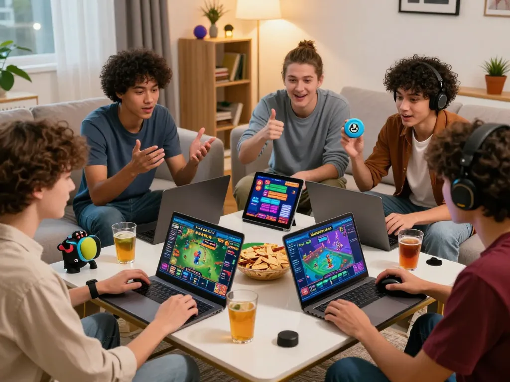 Friends enjoying gaming night with laptops, exploring free credit 918kiss promotions, cozy living room setting.