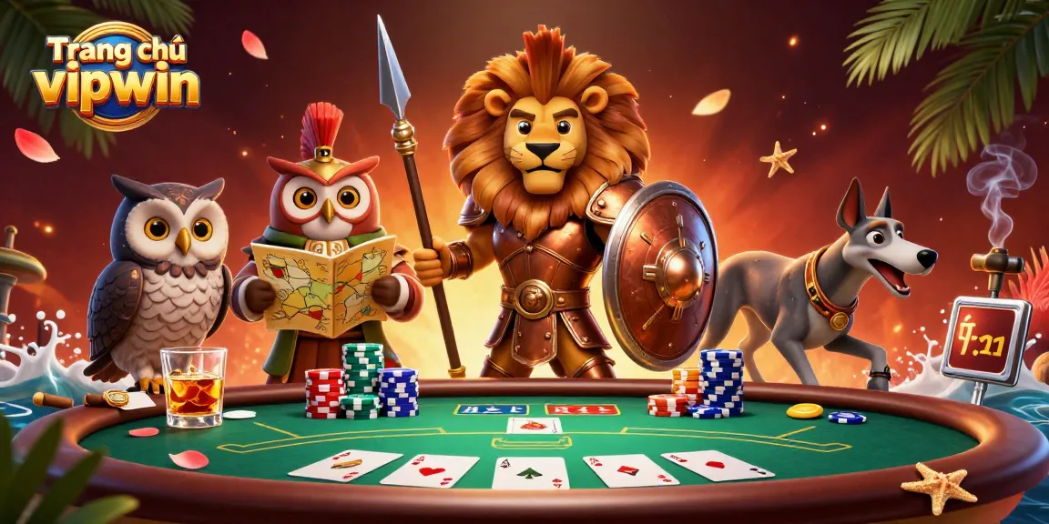 Engage in thrilling poker action at Trang chủ vipwin with a dynamic scene of characters and gaming elements.
