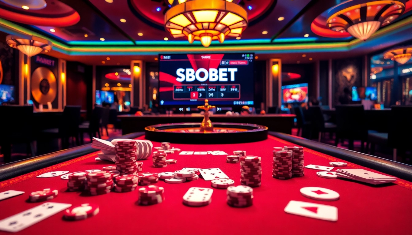 Players engaging in thrilling wagers at SBOBET link, surrounded by vibrant casino elements.