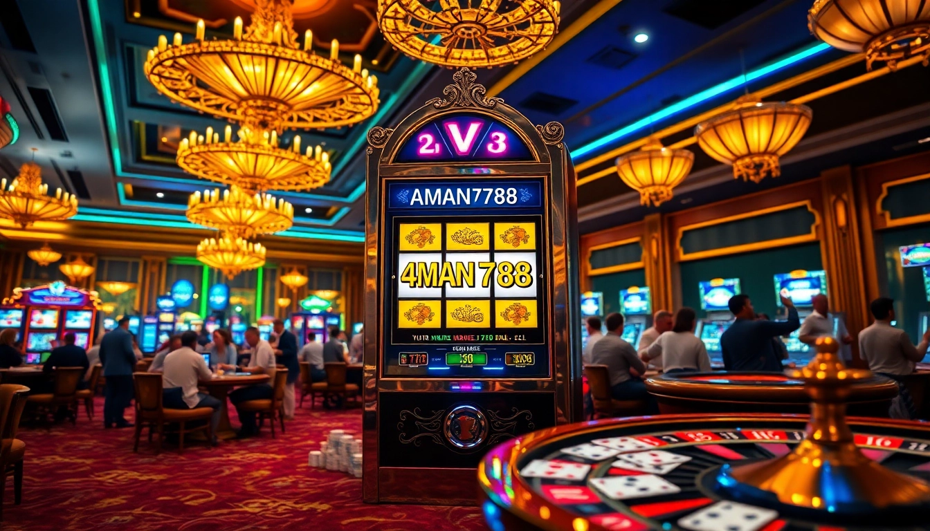 Bermain di mesin slot mewah AMAN788 di tengah suasana kasino yang meriah.