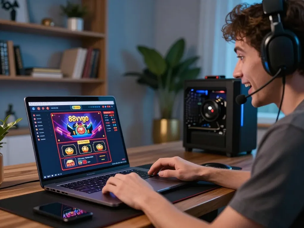 Exciting user engaging with 88vvgo online casino on a laptop in a cozy home setting.