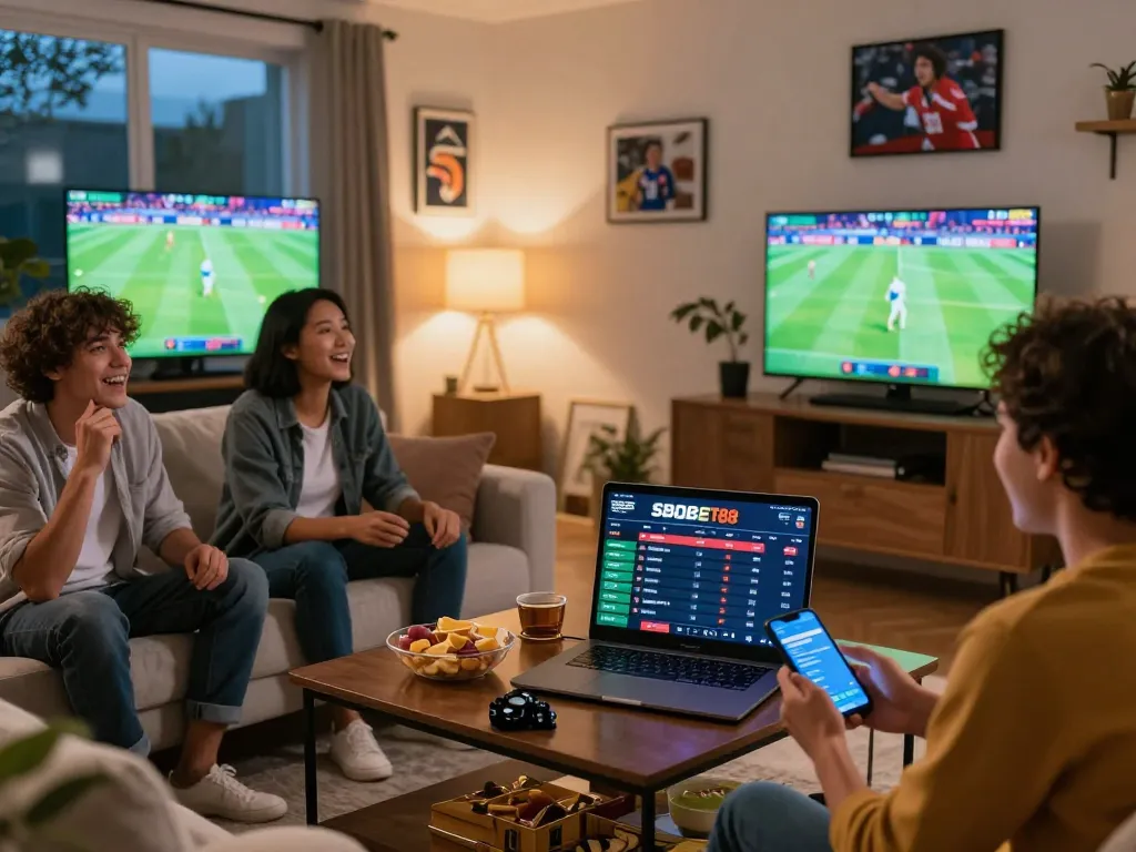 SBOBET88 online betting scene with friends enjoying a sports event at home, fully immersed in the experience.
