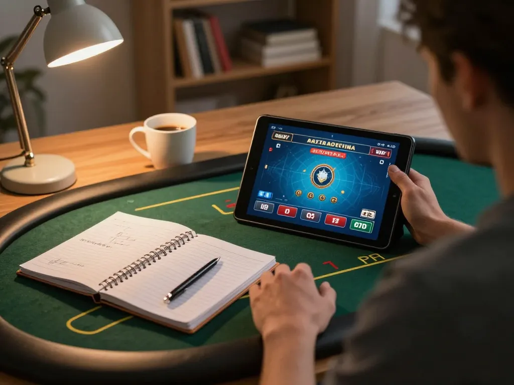 Engaged user plays online poker at lc88.com, showcasing strategic notes and a warm home atmosphere.