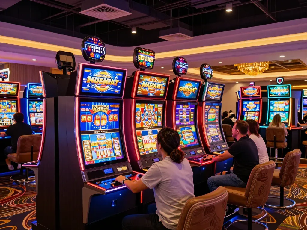 Engaging players at colorful slot machines in a lively casino setting, exploring tonysitaliancuisine themed games.