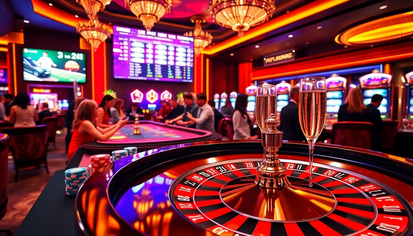 Play exciting games at RR88 mov casino with poker chips and roulette amidst a vibrant scene.
