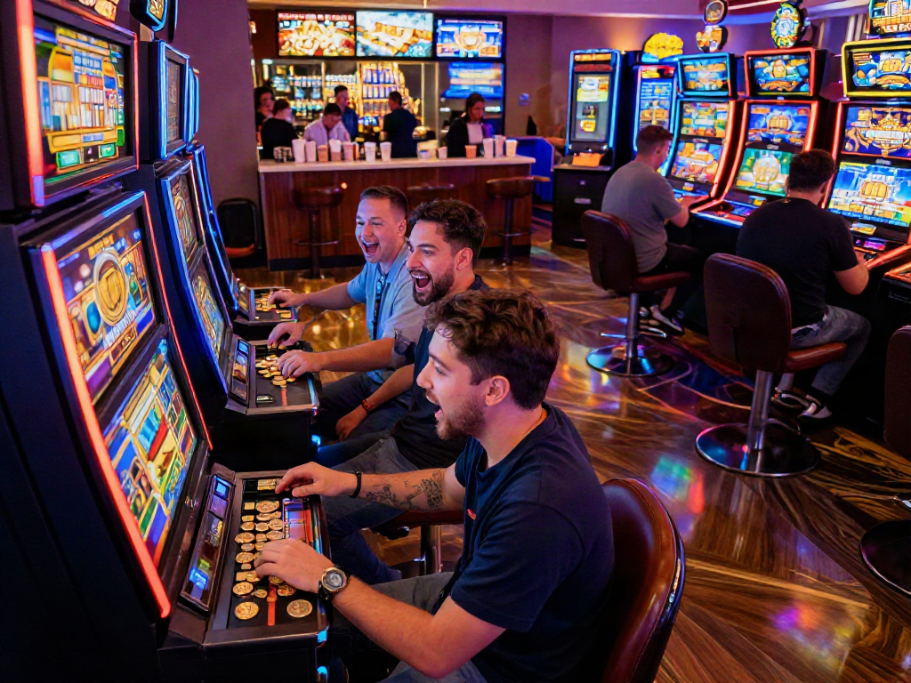 Exciting slot machine scene in a lively casino with players engaged.