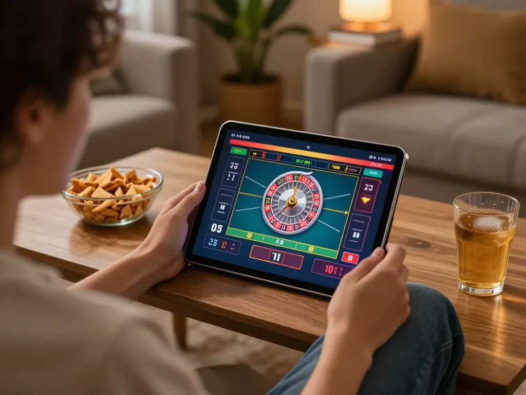 Engaging home gaming scene with RR88 casino gameplay on tablet in a cozy atmosphere.