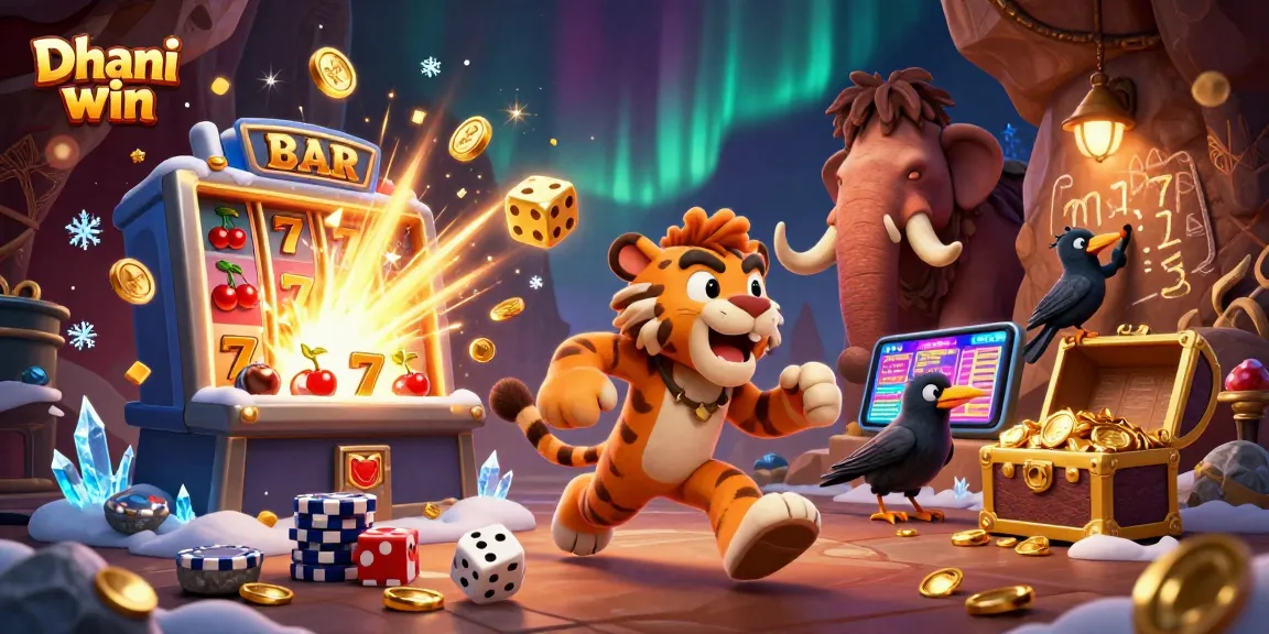 Dhani win platform featuring a lively prehistoric casino scene with animated characters and vibrant gaming elements.