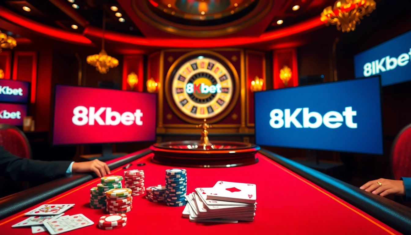 The 8kbet online poker experience with colorful chips and cards, representing thrilling gambling action.