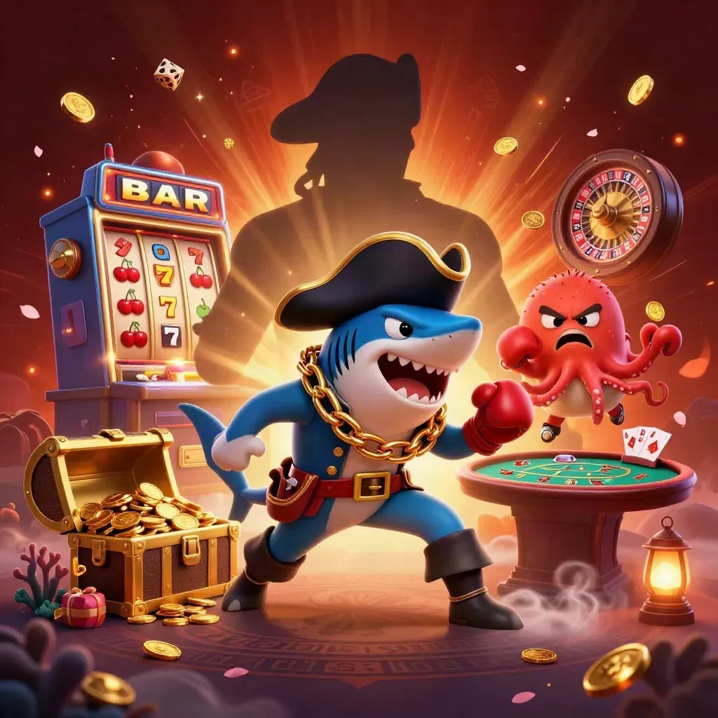 Pirate shark, boxing pufferfish, and juggling octopus amid a bursting slot machine and gold