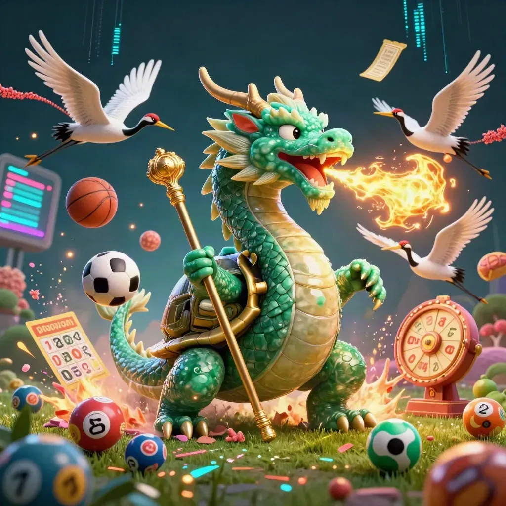 Ground-level jade dragon, turtle sage and cranes with basketball, soccer ball and casino bursts.