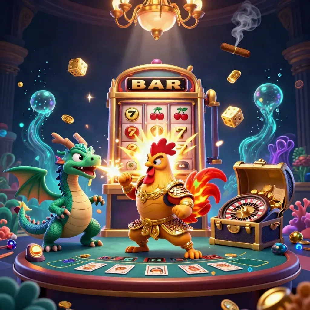 Rooster warrior, dragon hatchling, and fortune-cat amid casino sparks, gold, and a glowing slot machine.