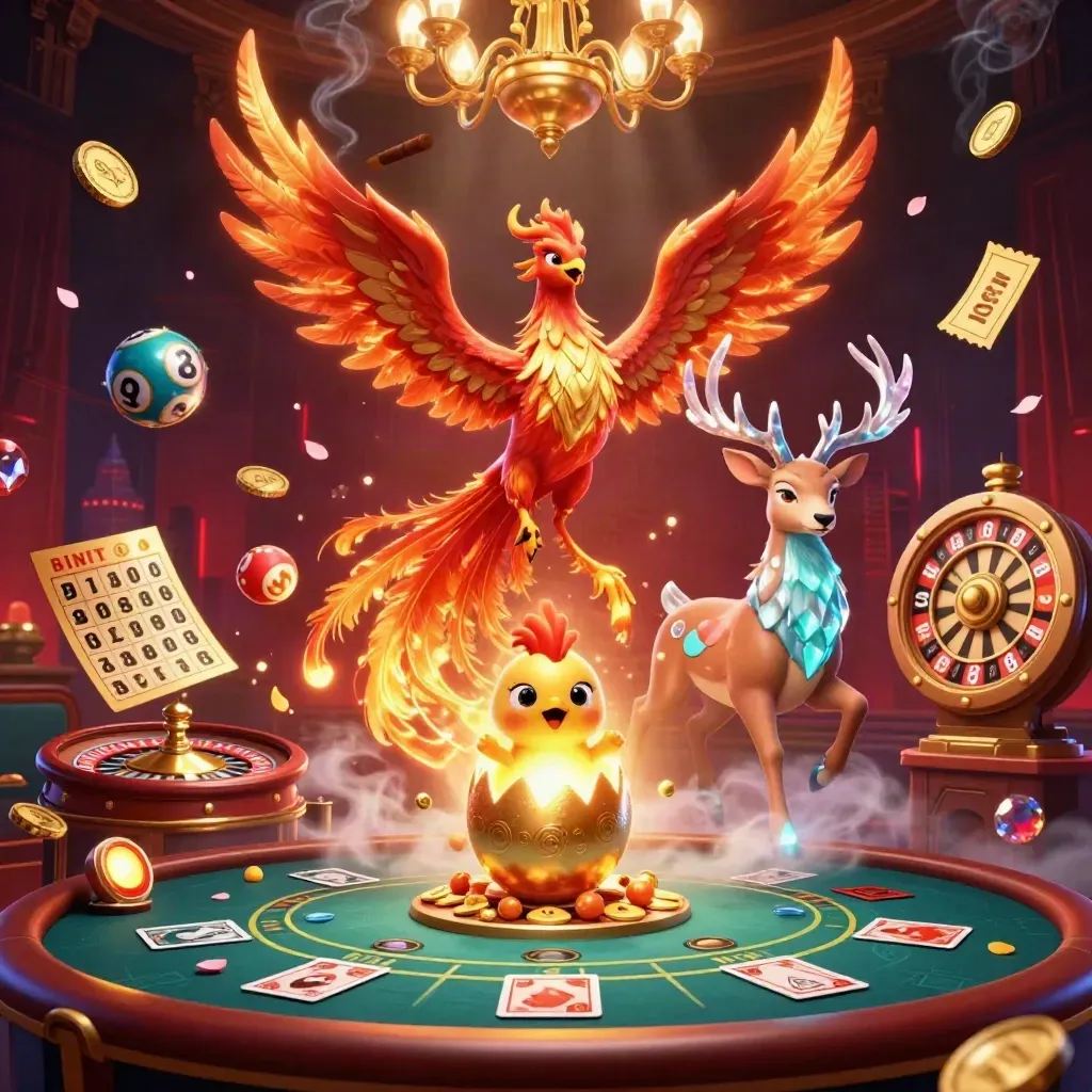 Phoenixes and a crystalline stag amid casino lights, wheel, balls, petals, and gold