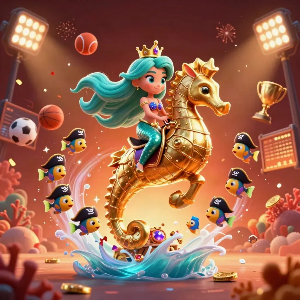 Turquoise mermaid rides gold seahorse amid pirate fish, balls, coins, and tropical casino sparks.