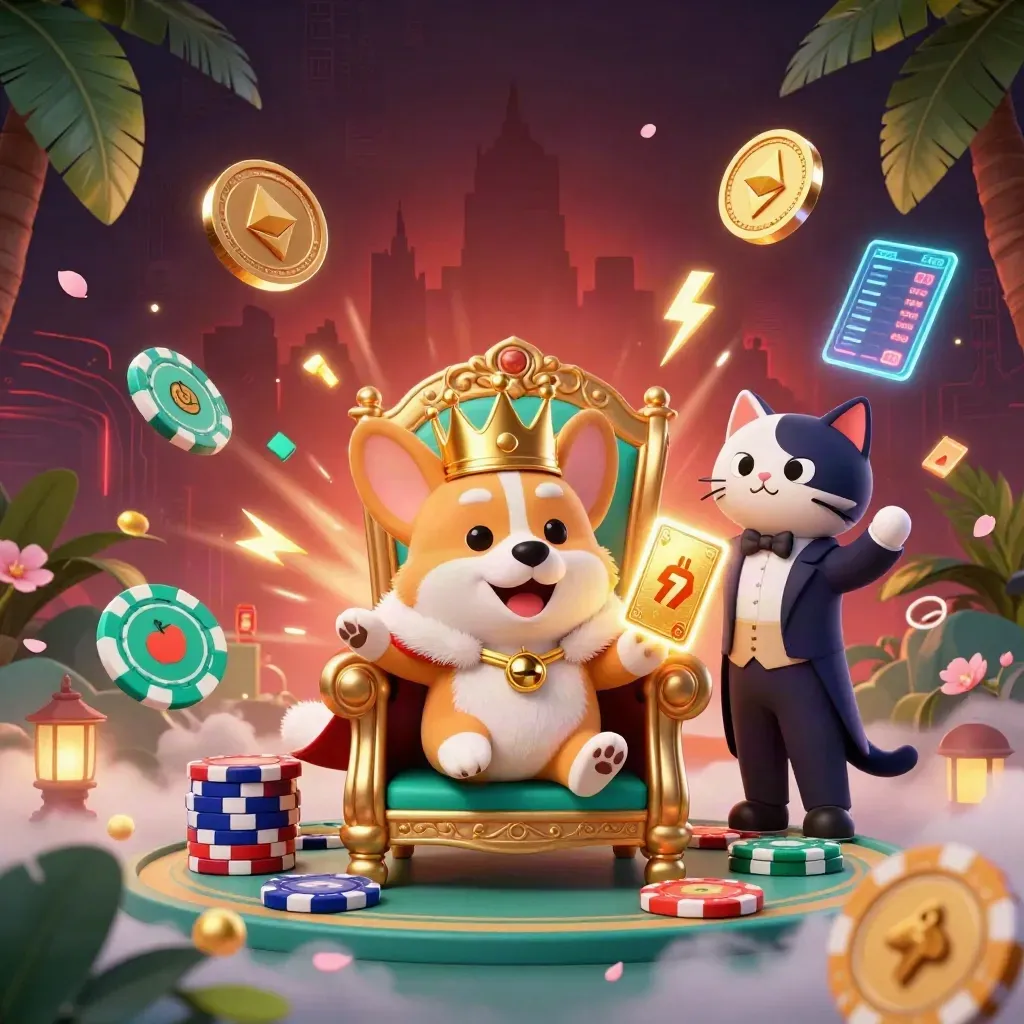Royal corgi and cat butler burst from chips with coins, petals, lightning, and tropical casino glow