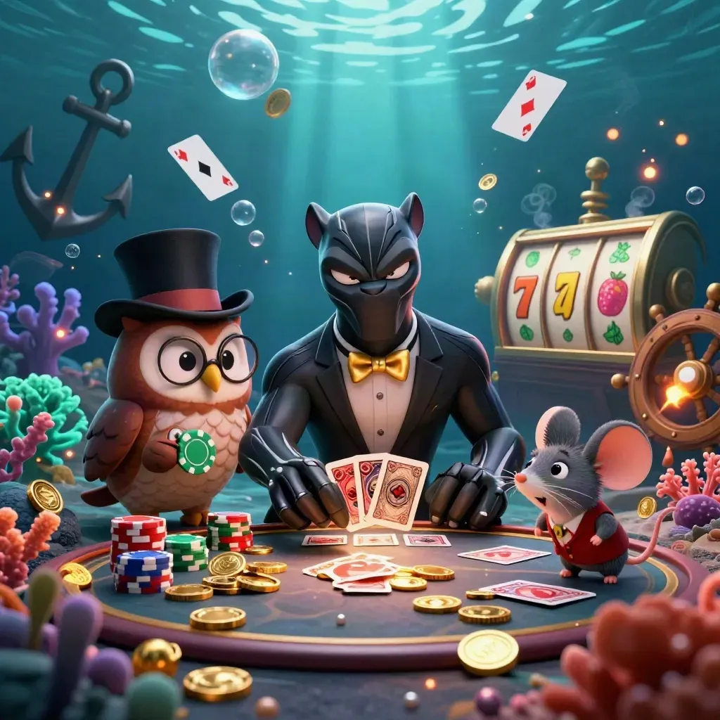 Panther, owl, and mouse in tuxedo amid treasure, coral, coins, and underwater casino glow.