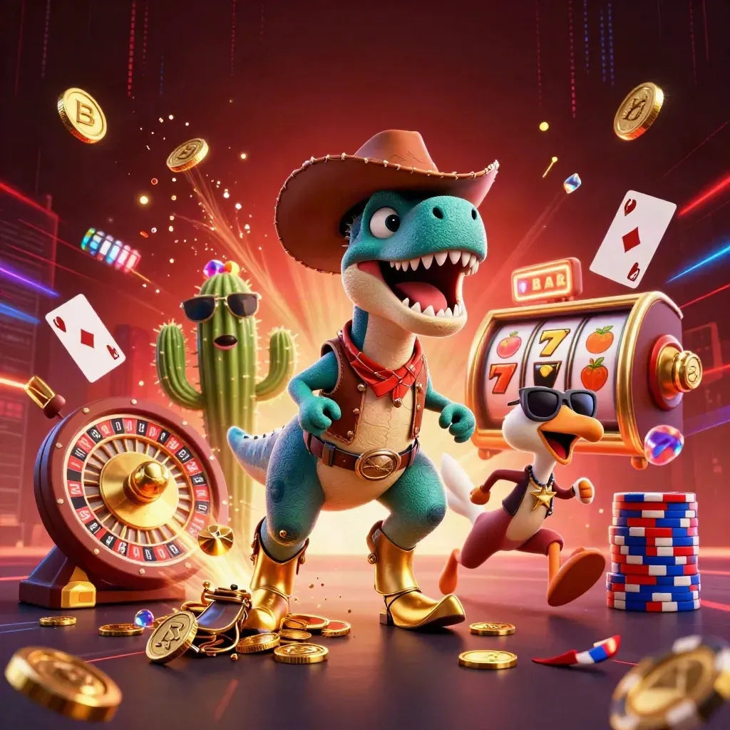 Cowboy T-Rex, cactus sidekick, and roadrunner amid casino coins, cards, chips, and roulette wheel