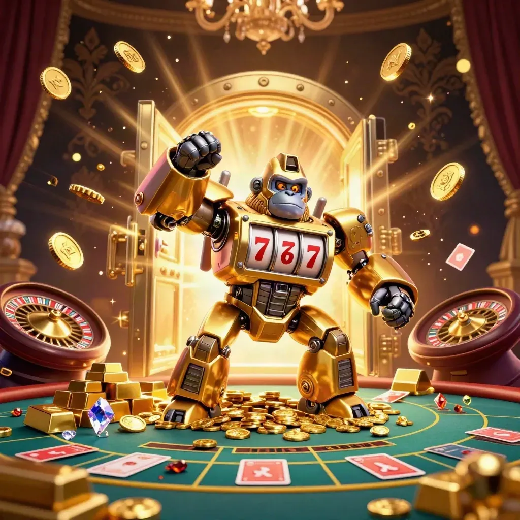 Golden gorilla mech bursts from a vault with coins, gems, roulette wheel, and monkey pilot