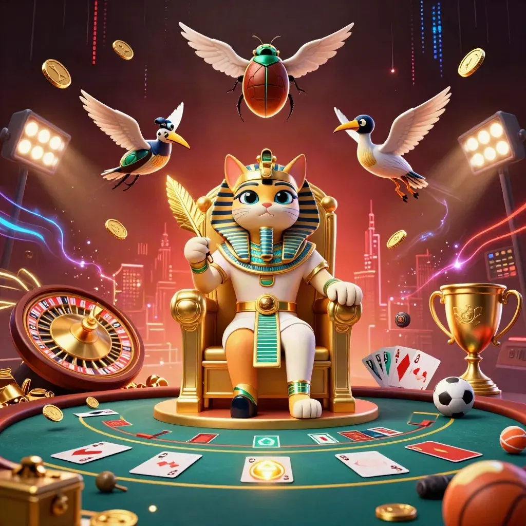 Pharaoh cat, ibis scribe, scarabs, coins, roulette wheel, sports balls and casino lights