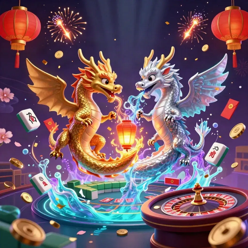 Twin gold and silver dragons spiral with casino treasures, lanterns, cards, coins, and fireworks.