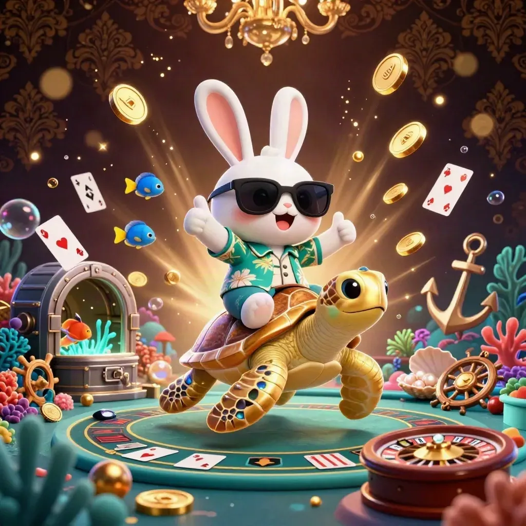 Lucky rabbit rides a gem-turtle through a coin burst with casino reels and treasure.