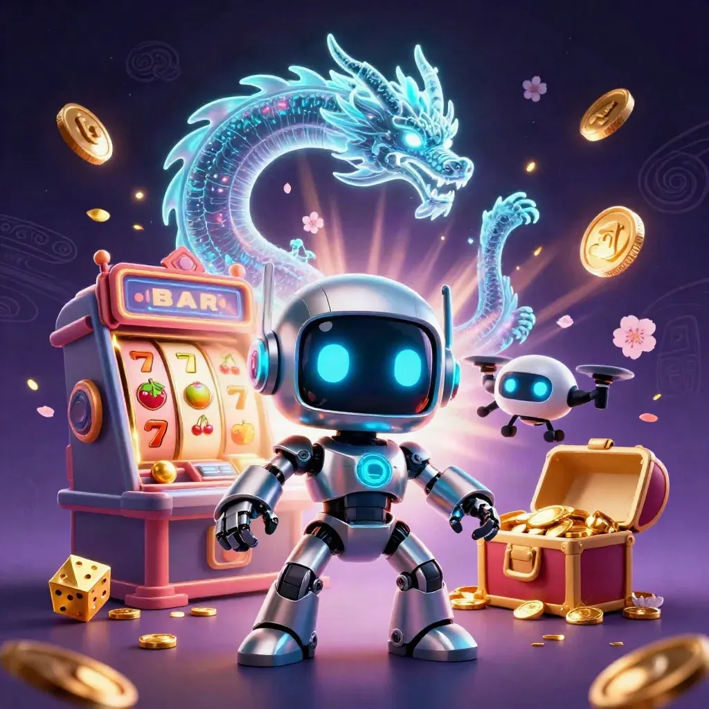 Robot mascot, holographic dragon, and coin drone amid slot machine bursts and gold coins.