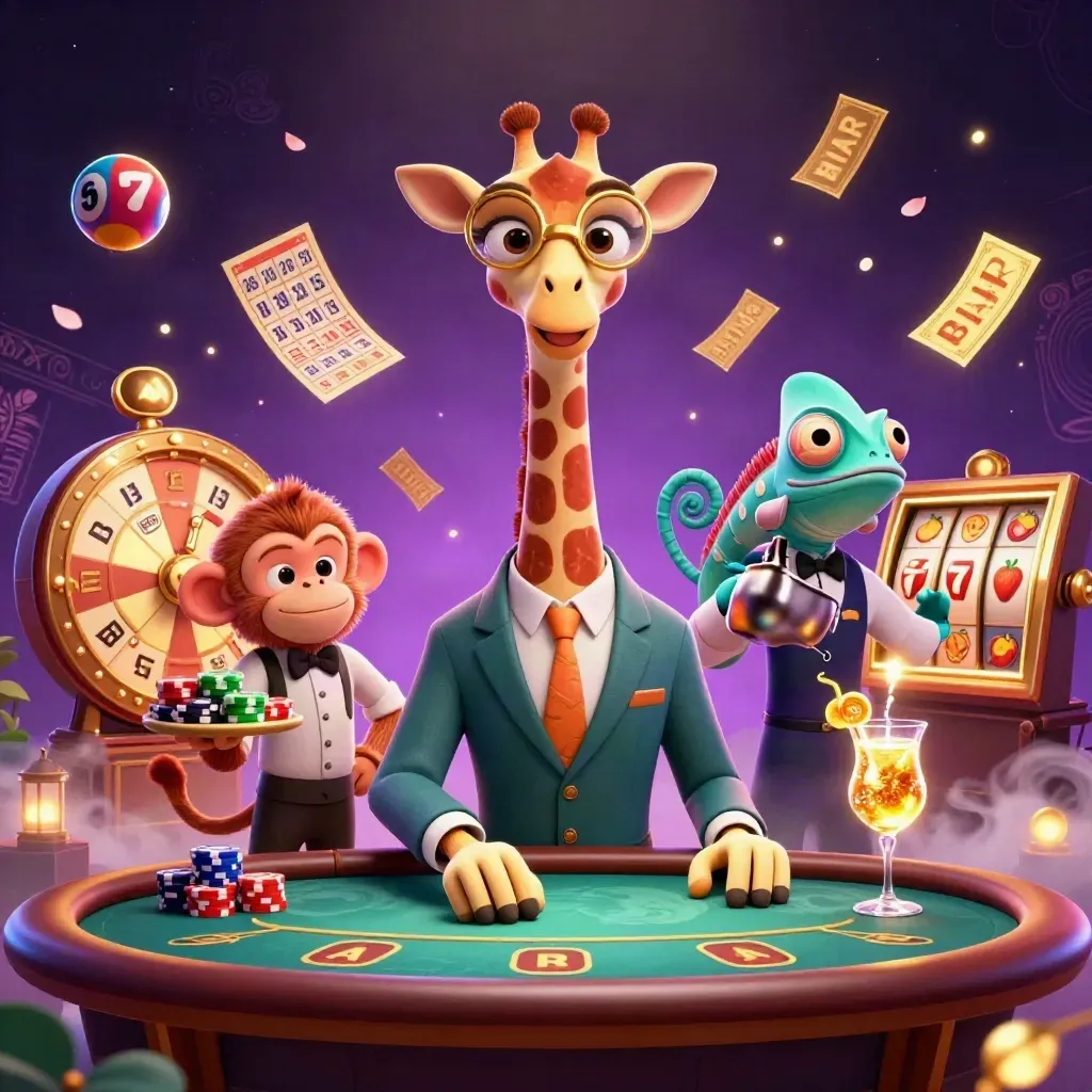 Giraffe, monkey, and chameleon casino heroes amid gold wins, lottery balls, and a glowing purple backdrop.