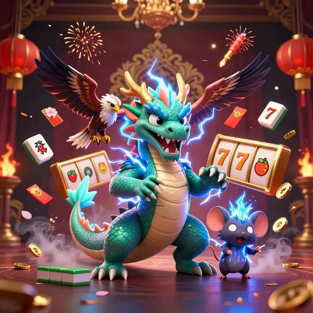 Thunder dragon, wind hawk and thunder-mouse amid casino symbols in luxe tropical lighting