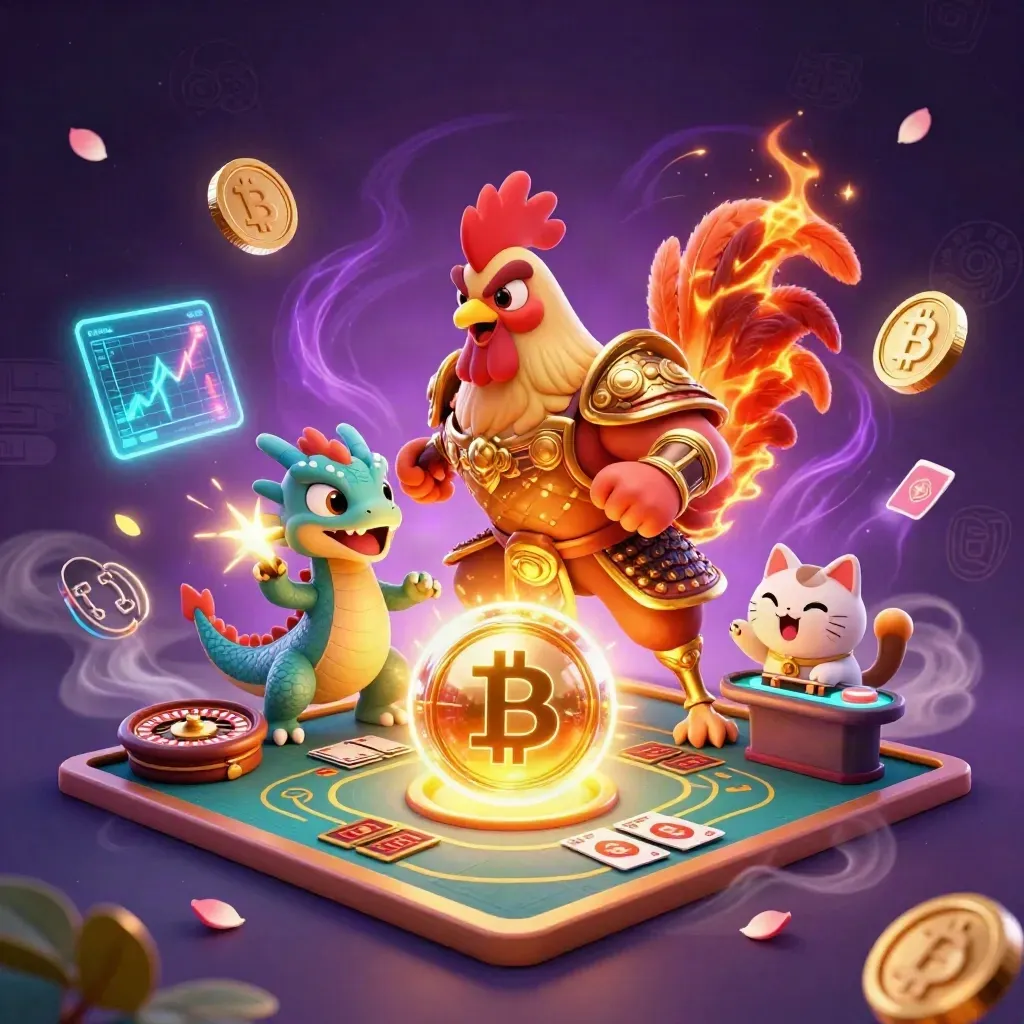 Rooster warrior, dragon hatchling, and fortune-cat amid glowing casino coins and neon magic.