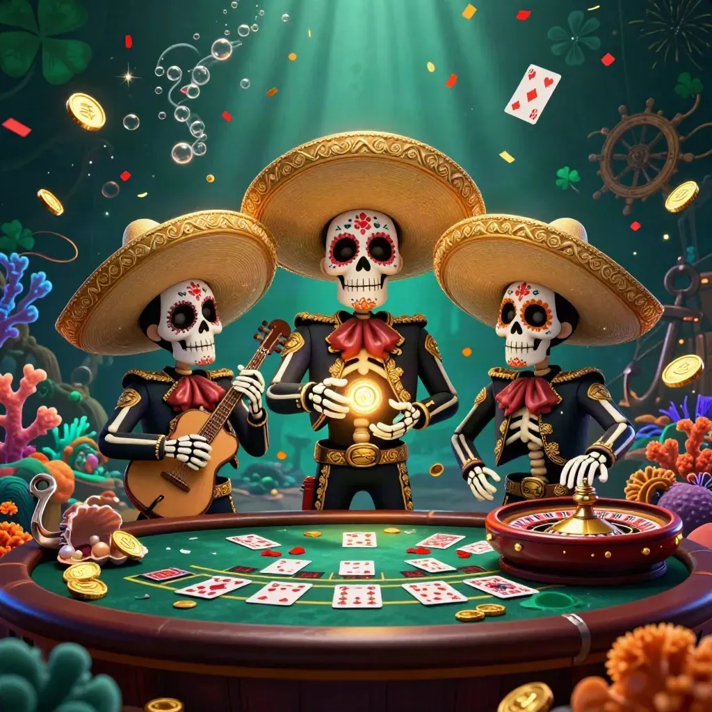 Skeleton mariachi trio in a tropical treasure cove with roulette, cards, coins, and glowing casino effects.