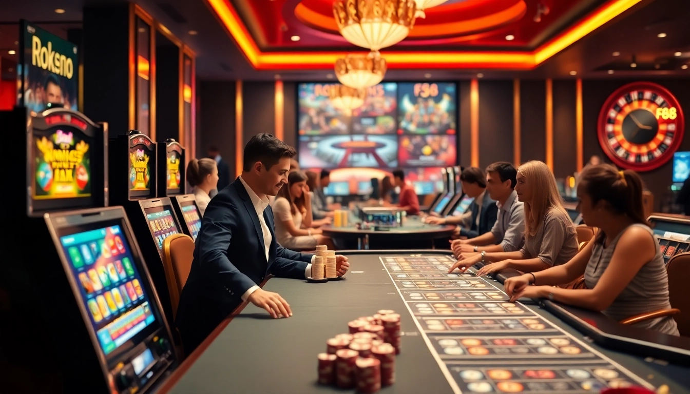 Exciting casino atmosphere showcasing gaming action with Fb68 branding, vibrant tables, and professional dealers.