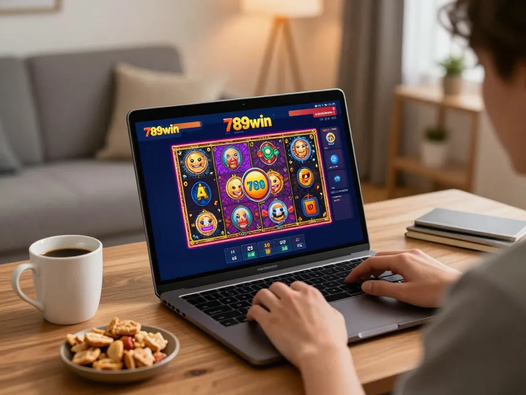 Engage in online gaming at 789win with a cozy setup, showcasing a laptop and snacks for a fun experience.