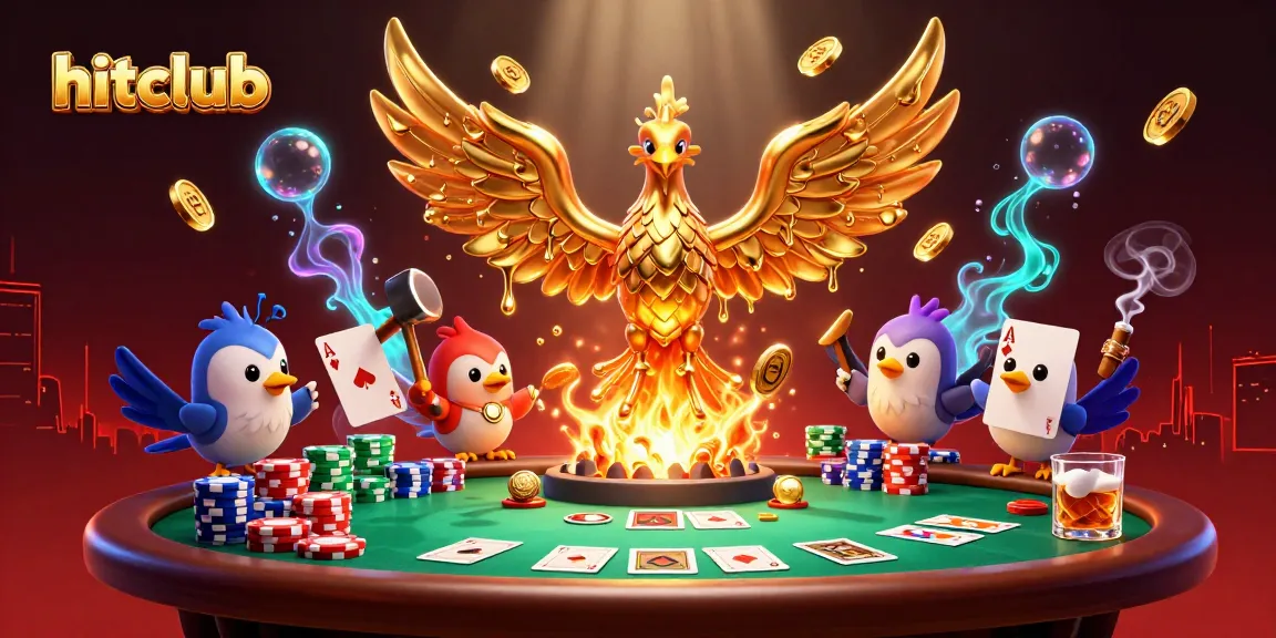 Hitclub showcases a vibrant 3D casino scene with a golden phoenix and poker elements.