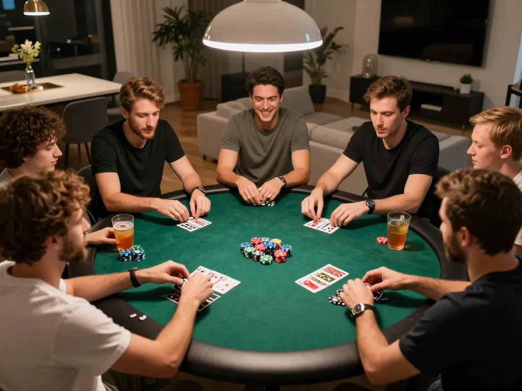 NK88 poker players enjoying a vibrant home game night with chips and cards