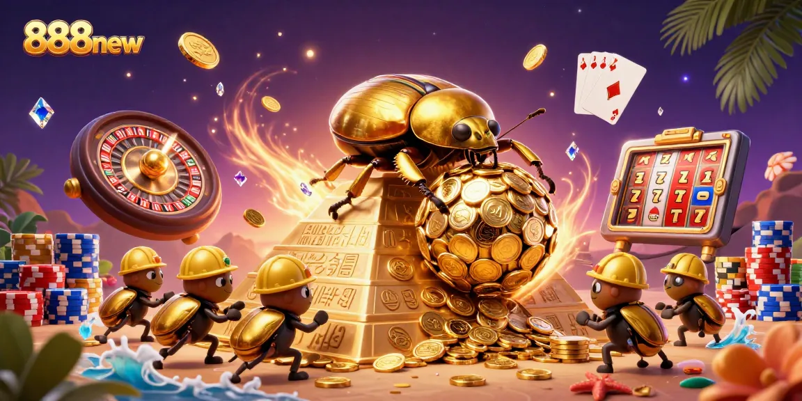 Engage in thrilling gameplay at 888new with vivid 3D casino scene featuring golden beetles and games.