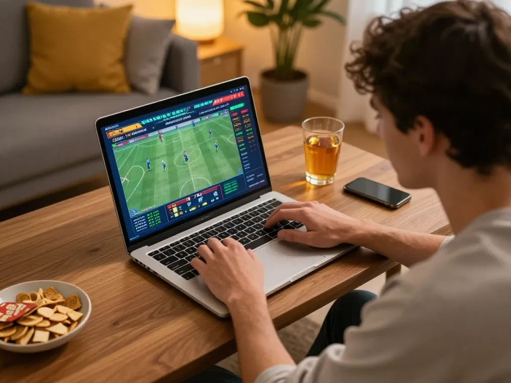 Engaged player using an online sports betting app at home, showcasing nhà cái and live odds.