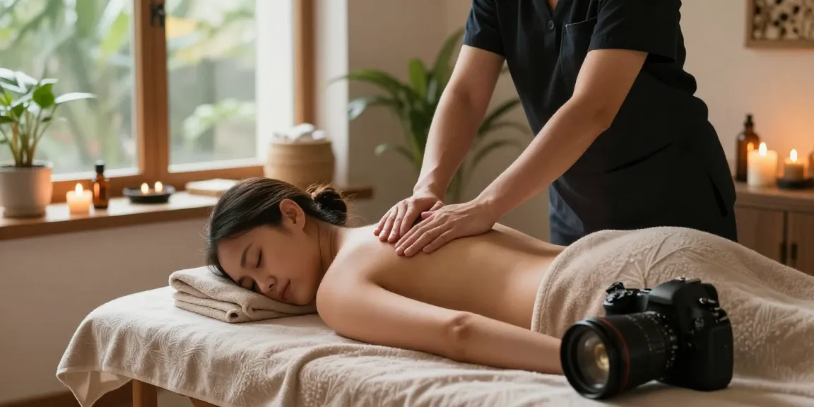 마사지 중인 편안한 스웨디시 마사지 장면, 아로마 캔들과 함께 조용한 스파.