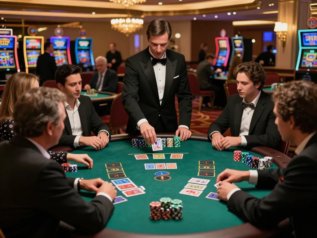 Engaging blackjack players showcase playstation-experience with strategic betting moments in a stylish Las Vegas casino