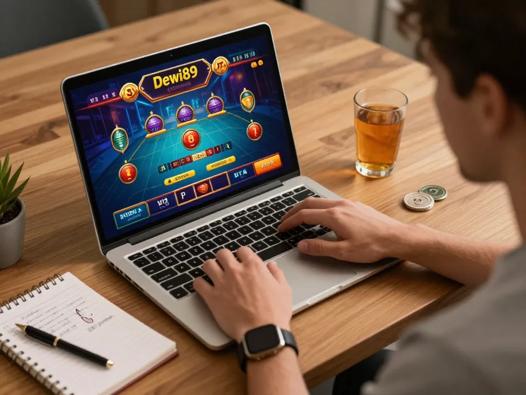 Pemain Dewi89 menikmati sesi perjudian online dengan catatan strategi dan minuman.