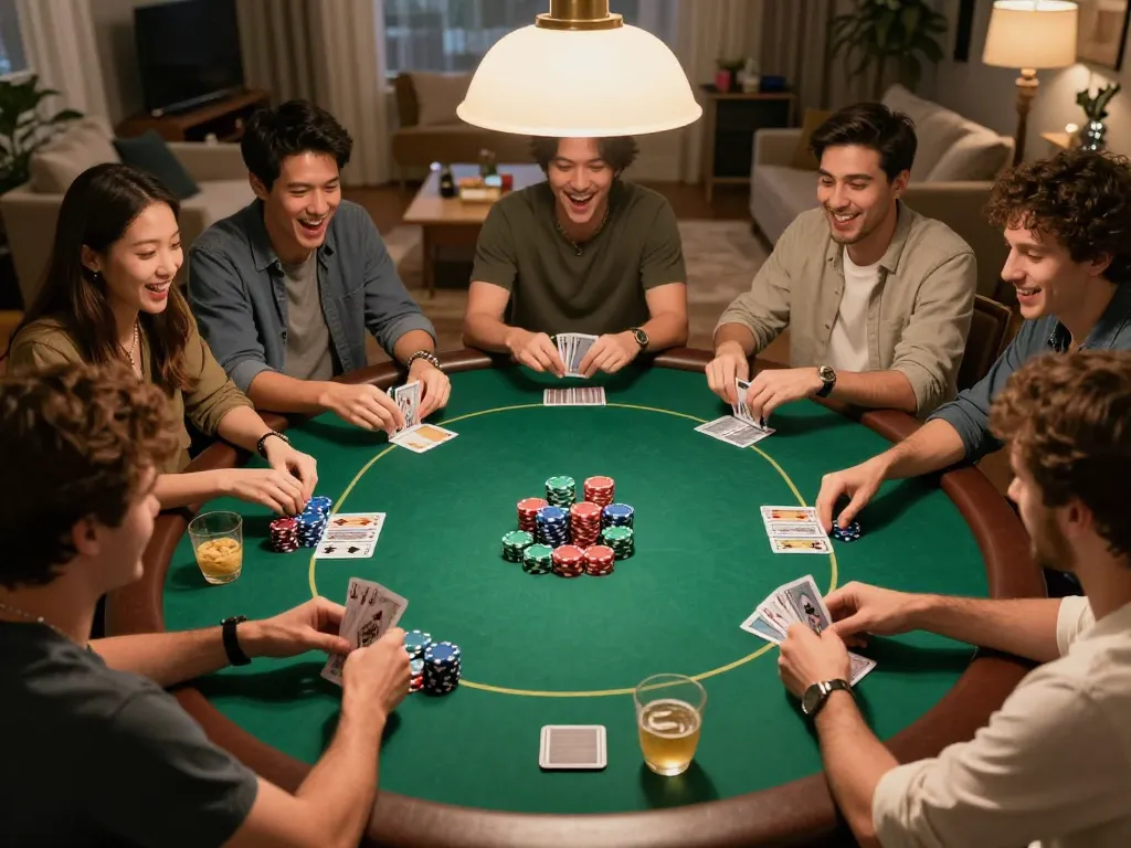 Engaged players enjoying poker night at home while strategizing with go 88 chips on the table.