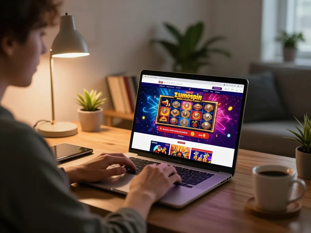 Engaging online casino gameplay with Zumospin code displayed on a laptop, creating an inviting gaming atmosphere.