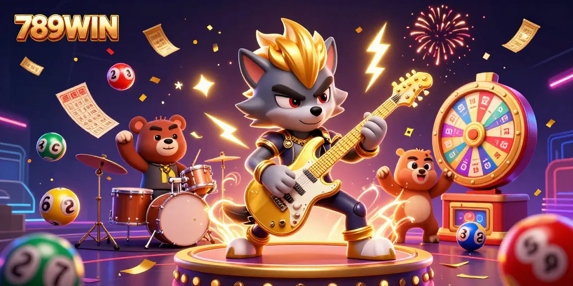 Experience thrilling action with 789WIN, featuring vibrant casino elements, a rock star wolf, and a drummer bear.