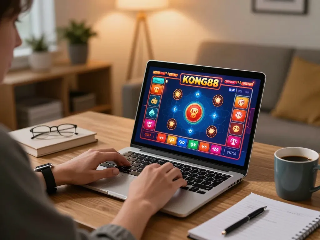 KONG88 player enjoying an online casino game on laptop at home with strategic notes beside.