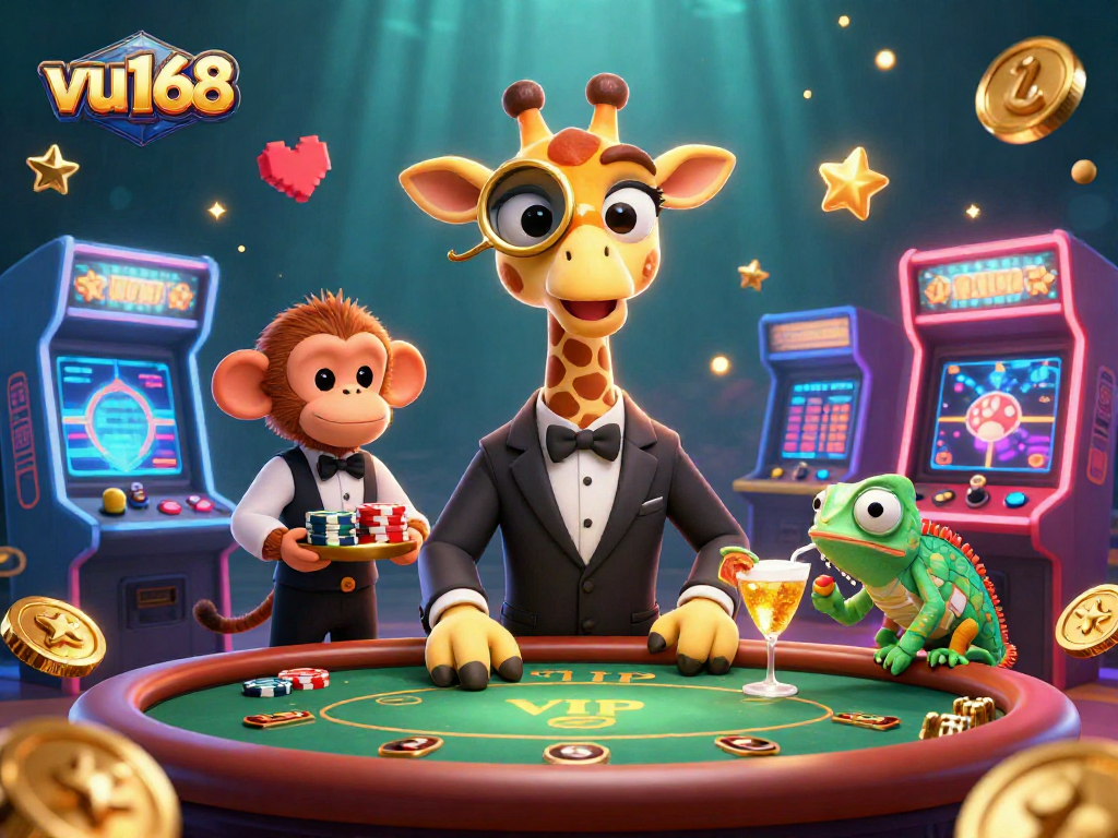 Play with immersive gaming at vu168, featuring a vibrant casino scene with unique characters and thrilling elements.