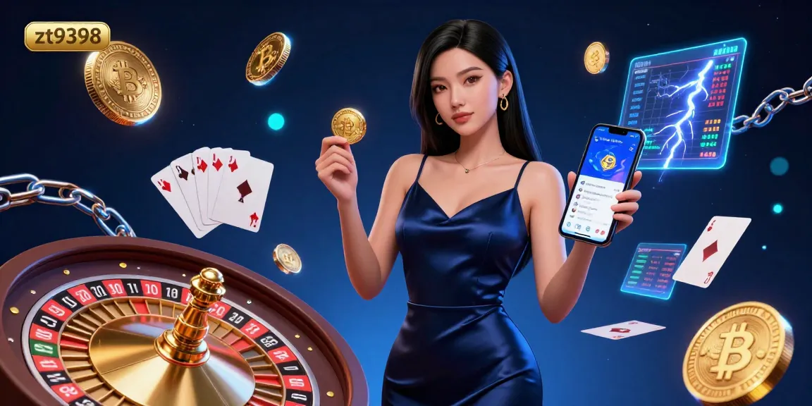 Bet on zt9398 with a stunning Asian woman showcasing a casino app, roulette wheel, and cryptocurrency elements for an engaging experience.