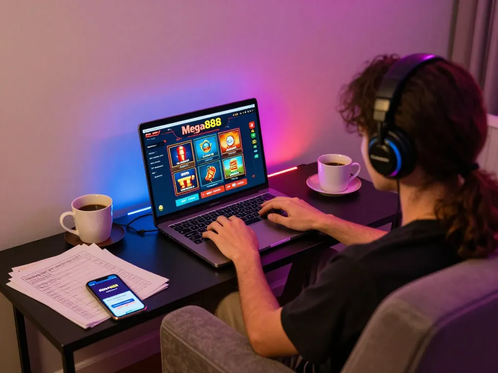 Engaging home setup with mega888 login malaysia displayed on a laptop during an online gaming session.