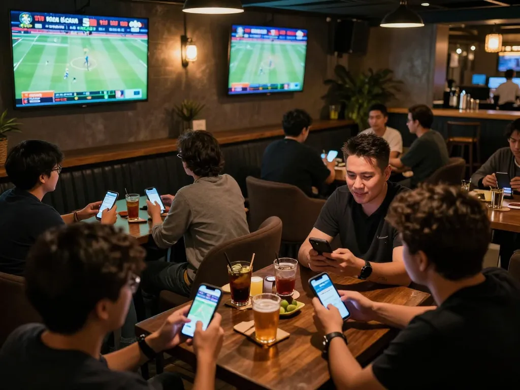 Engaged sports bettors reviewing tỷ lệ kèo nhà cái 5 while enjoying a lively sports bar atmosphere