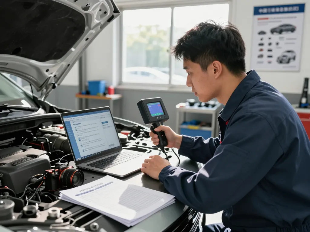 Turo inspection online taking place at a modern car service center with a technician conducting a vehicle safety inspection.