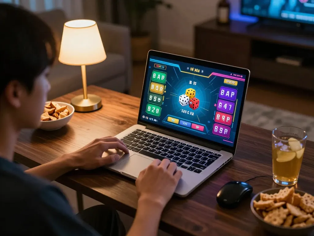 Player enjoying Tài Xỉu online at home on a laptop, engaging graphics visible, emphasizing entertainment.