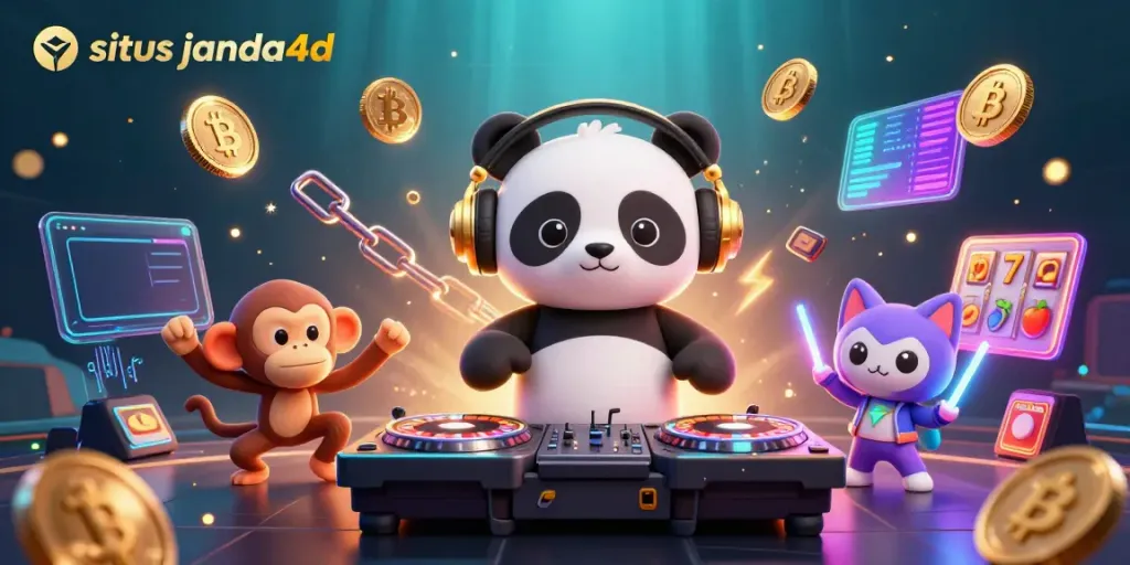 Gambaran animasi 3D situs janda4d dengan DJ panda dan elemen slot di latar belakang